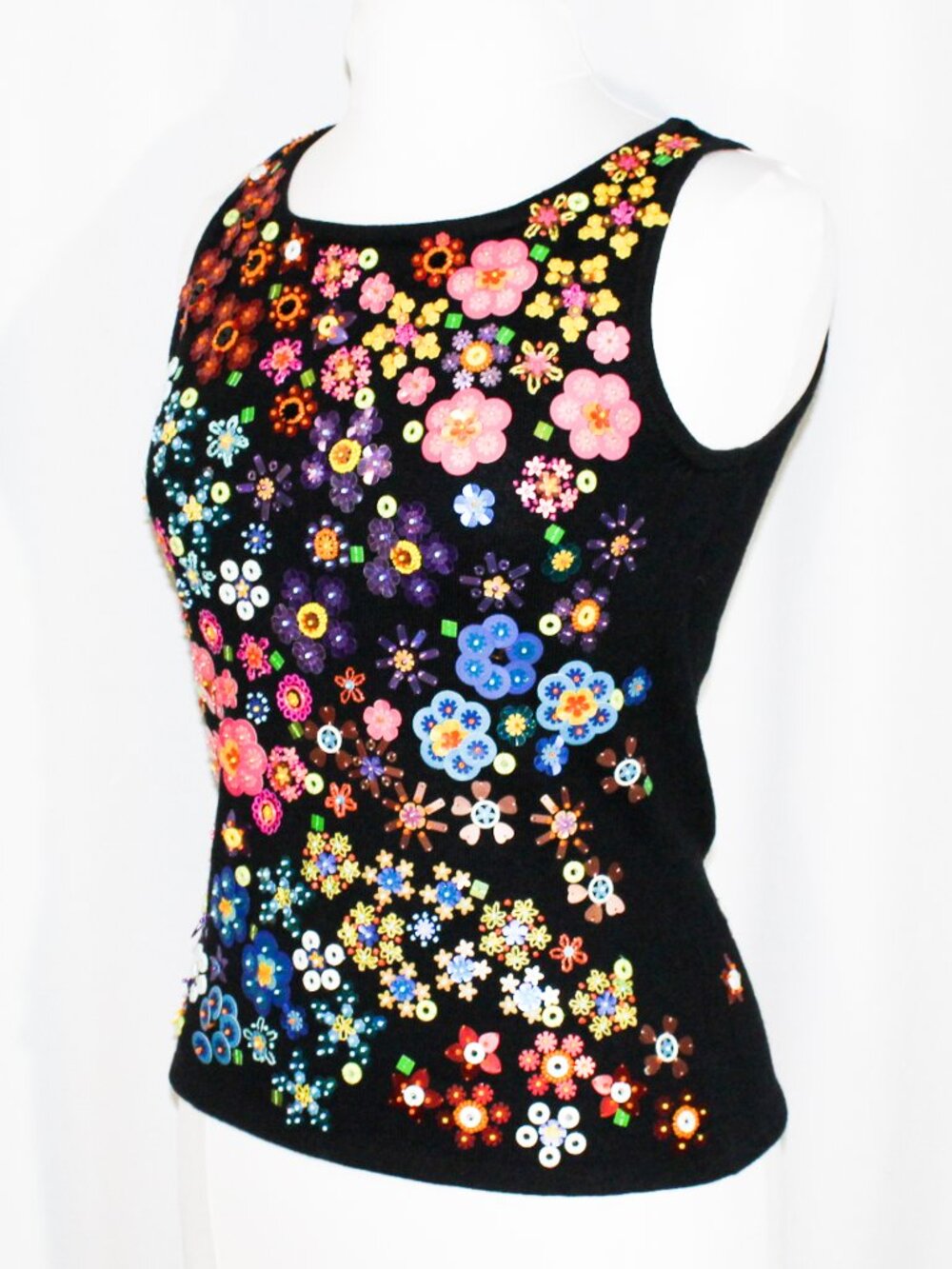 Y2K Black Knit Top Candy Color Beaded Flowers Small Sleeveless 2003 Emma Tricot